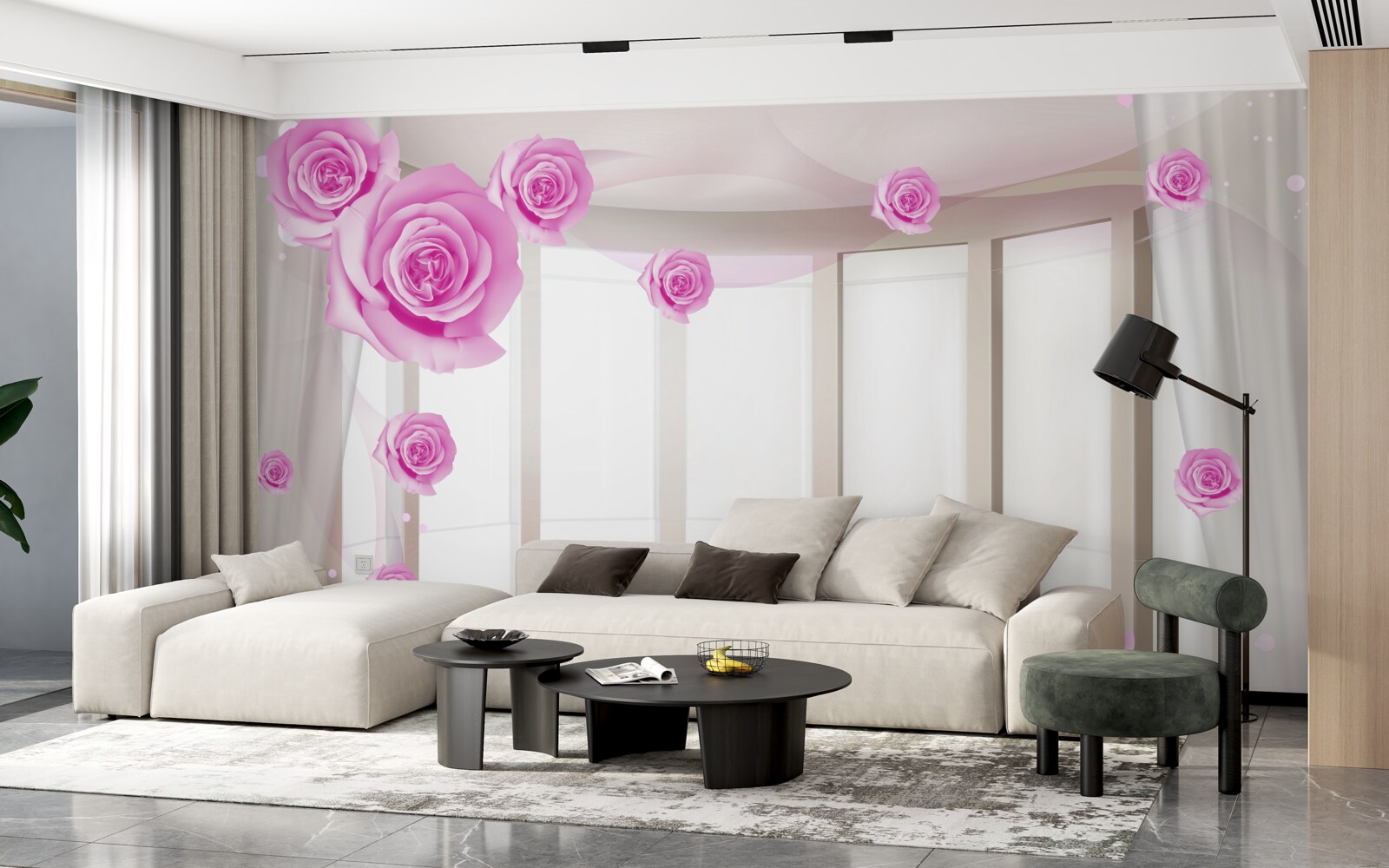 Fotobehang terras met panoramisch uitzicht en bloeiende rozen