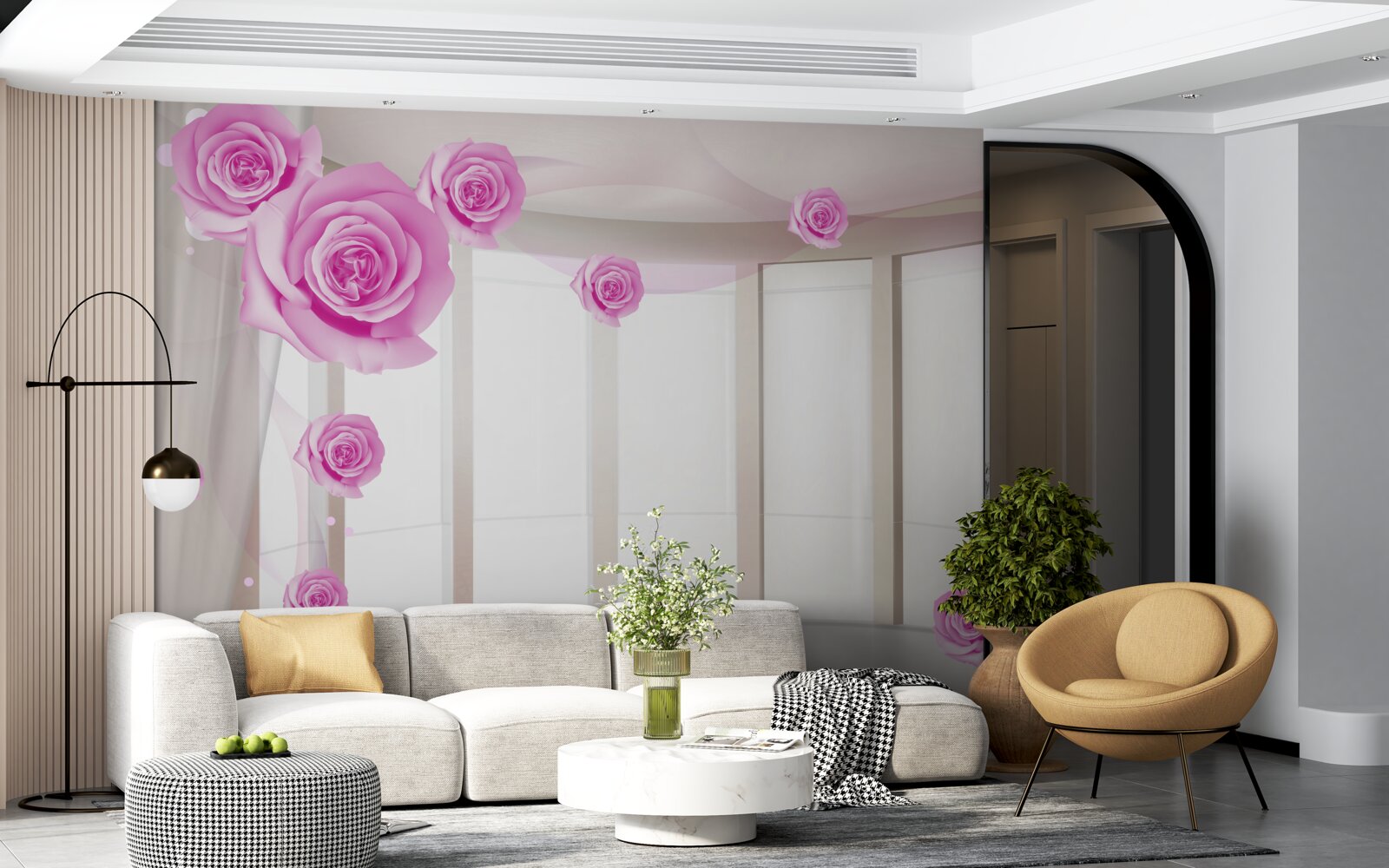 Fotobehang terras met panoramisch uitzicht en bloeiende rozen