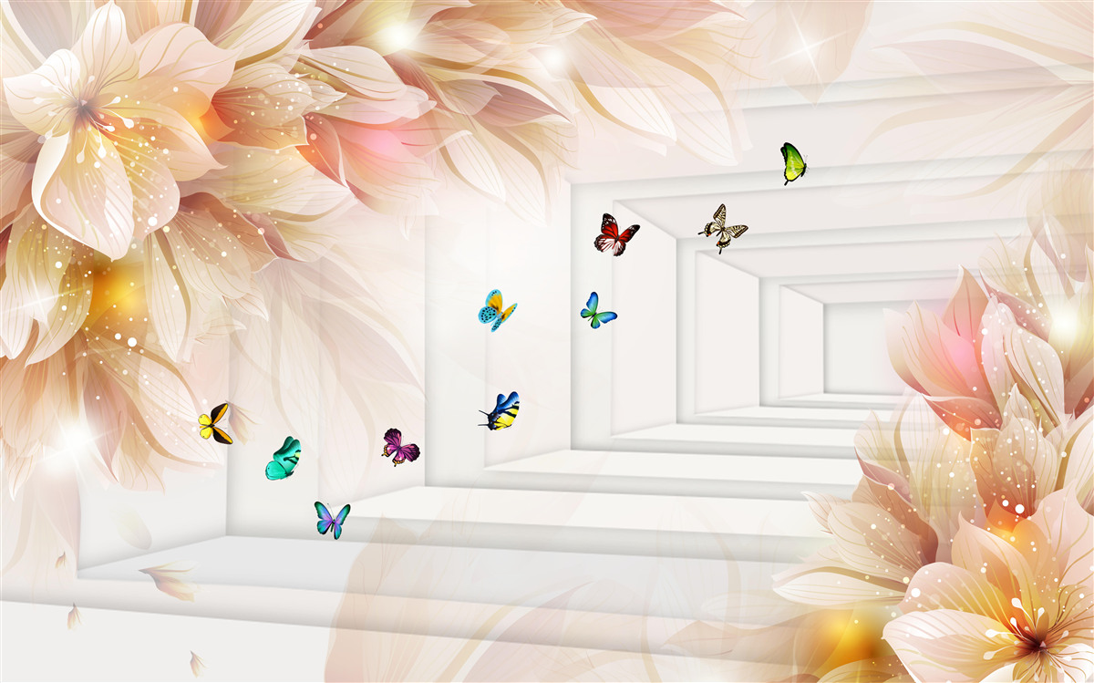 Fotobehang de tunnel is vol kleur: bloemen en kleurrijke vlinders