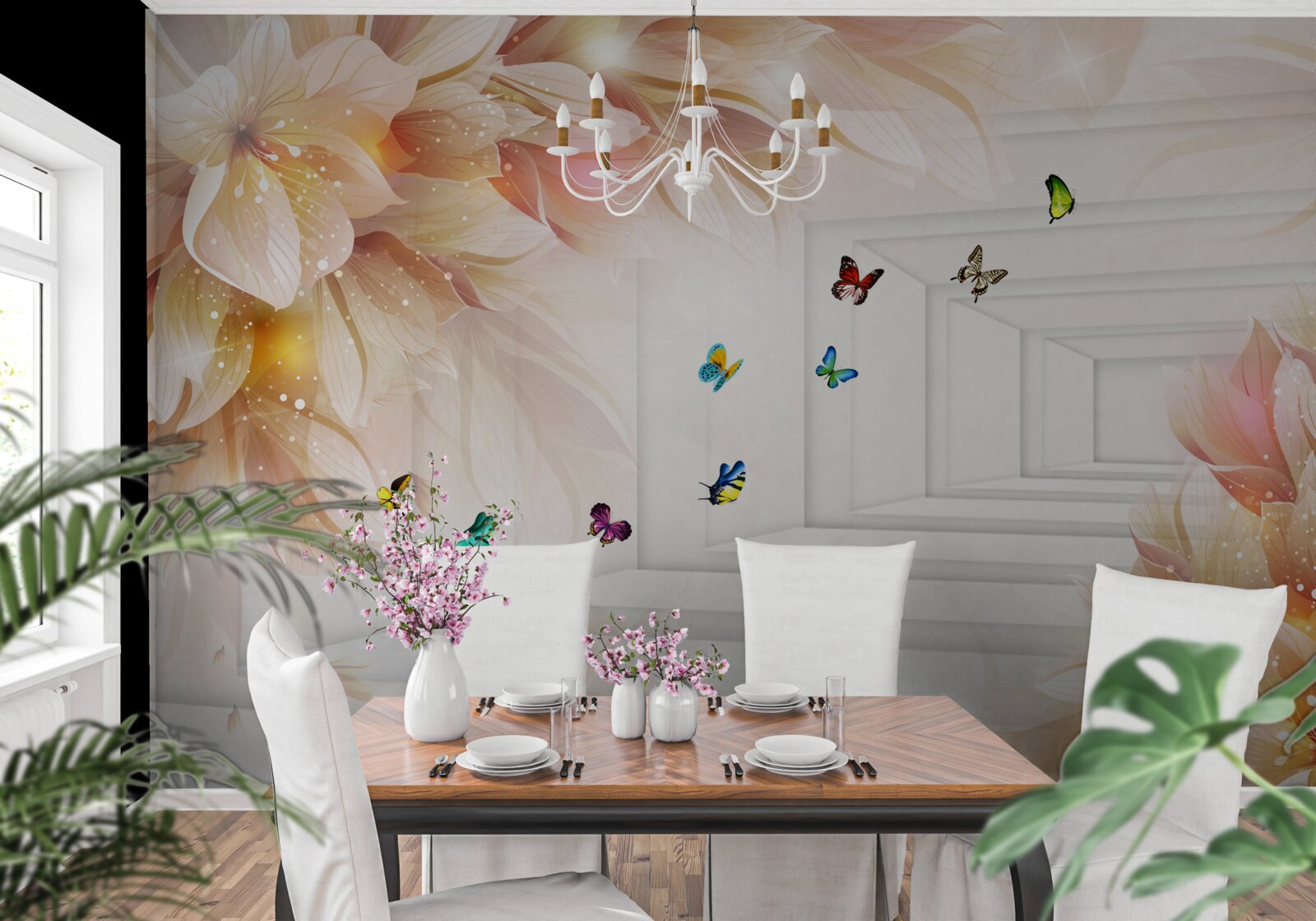 Fotobehang de tunnel is vol kleur: bloemen en kleurrijke vlinders