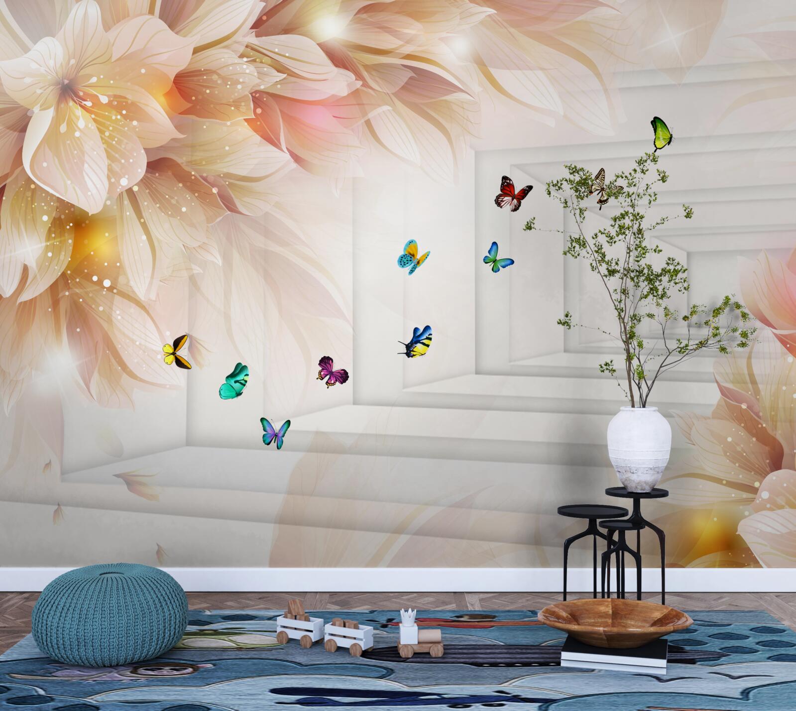 Fotobehang de tunnel is vol kleur: bloemen en kleurrijke vlinders