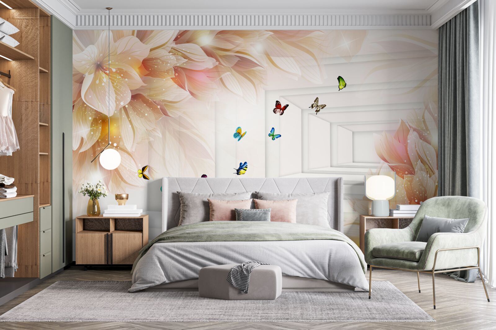 Fotobehang de tunnel is vol kleur: bloemen en kleurrijke vlinders