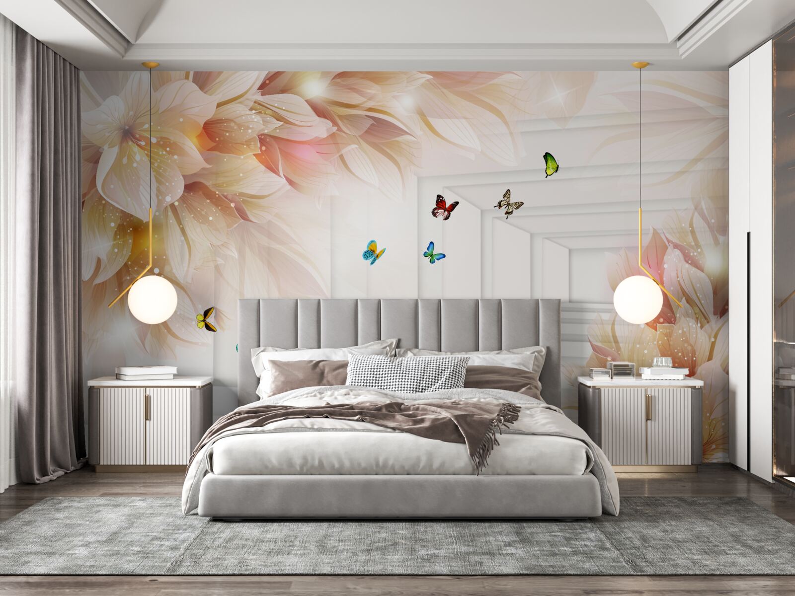 Fotobehang de tunnel is vol kleur: bloemen en kleurrijke vlinders