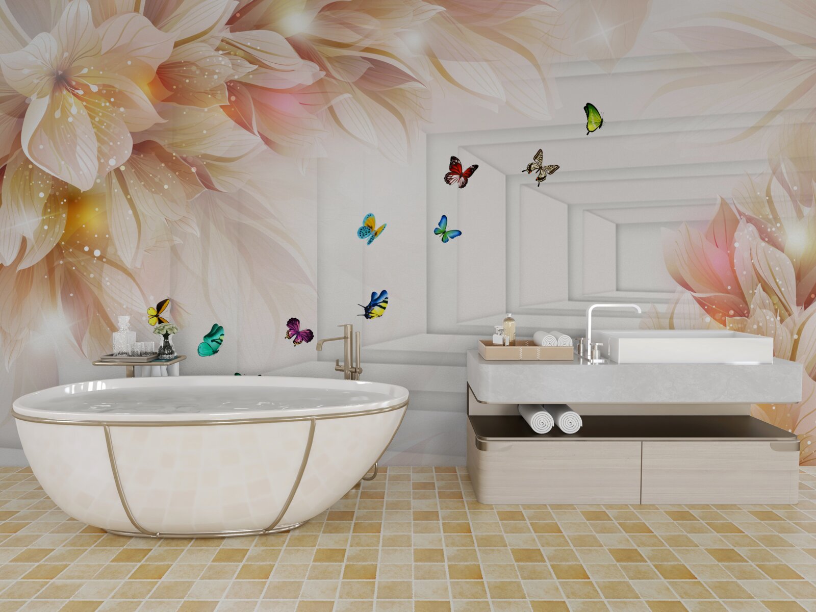 Fotobehang de tunnel is vol kleur: bloemen en kleurrijke vlinders