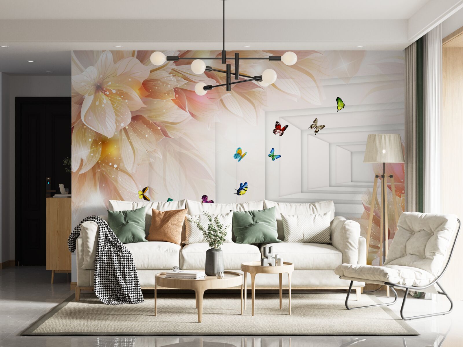 Fotobehang de tunnel is vol kleur: bloemen en kleurrijke vlinders