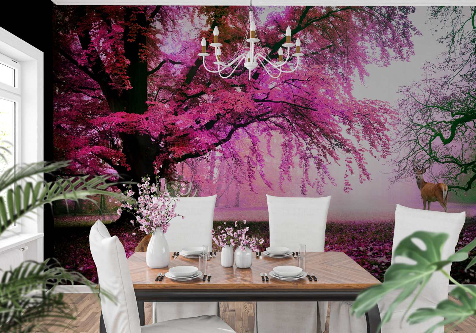 Fotobehang sakura in roze vliegt rond