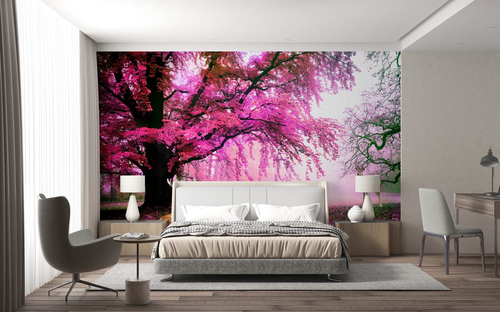 Fotobehang sakura in roze vliegt rond