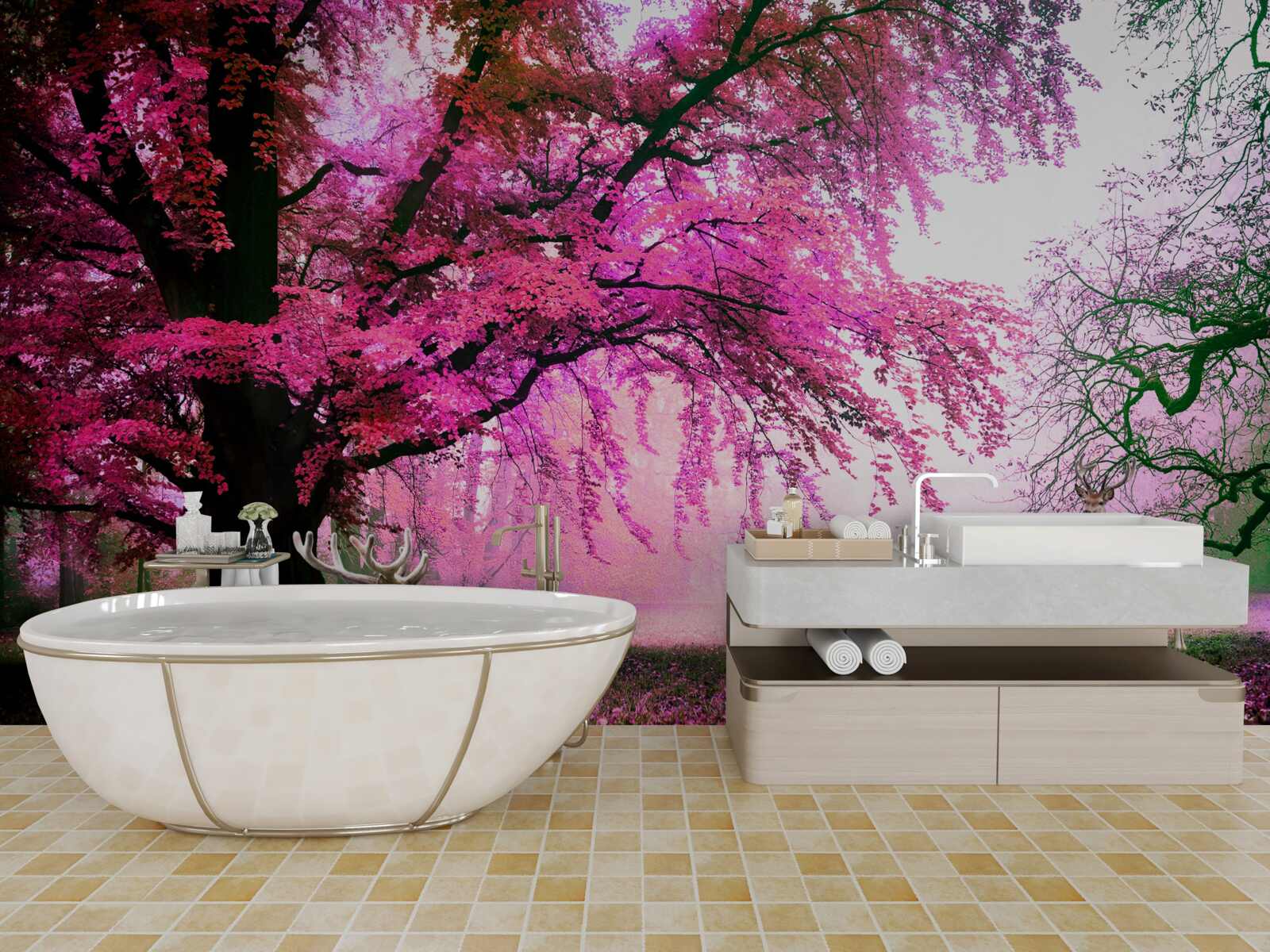 Fotobehang sakura in roze vliegt rond