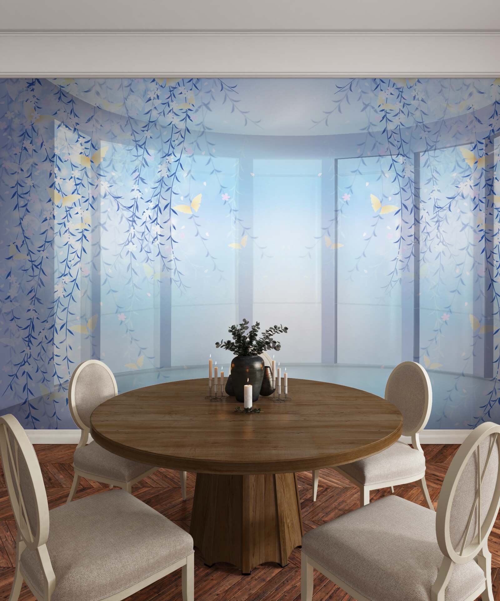 Fotobehang balkon met panoramisch uitzicht in blauwe tinten