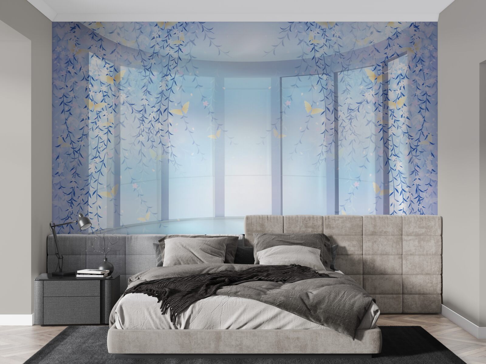 Fotobehang balkon met panoramisch uitzicht in blauwe tinten