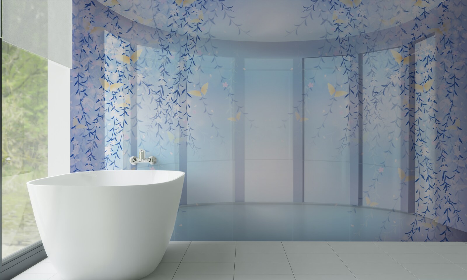 Fotobehang balkon met panoramisch uitzicht in blauwe tinten