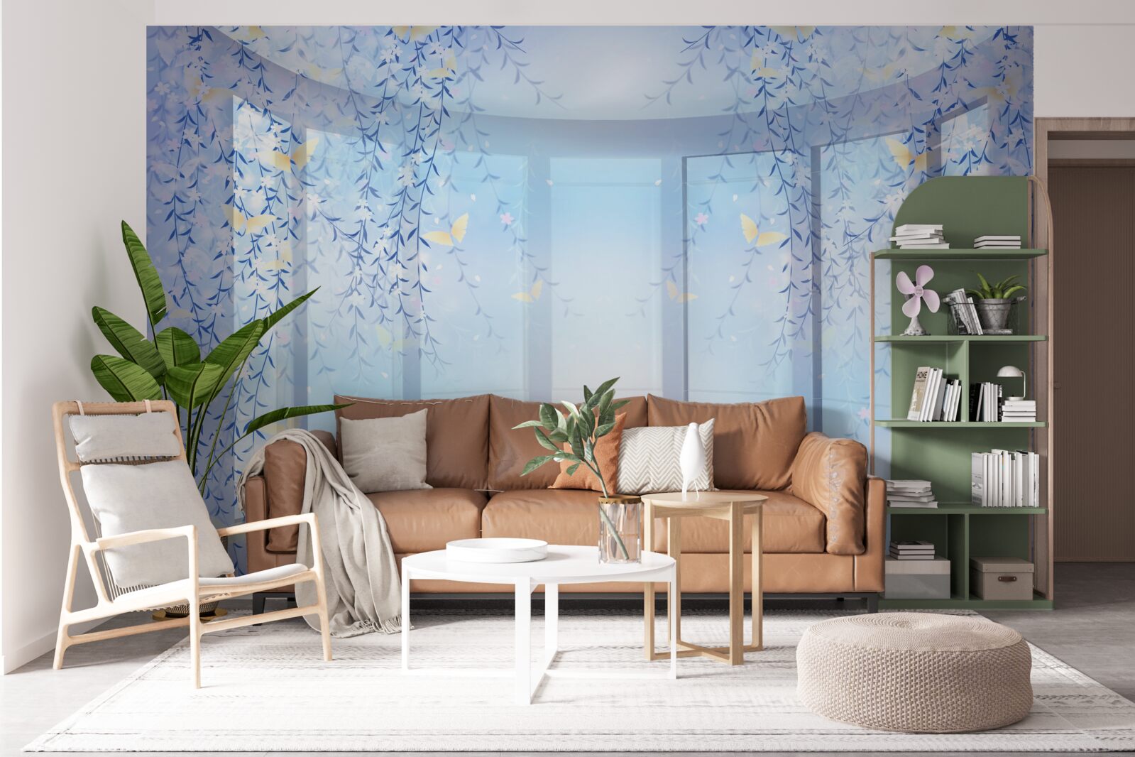 Fotobehang balkon met panoramisch uitzicht in blauwe tinten