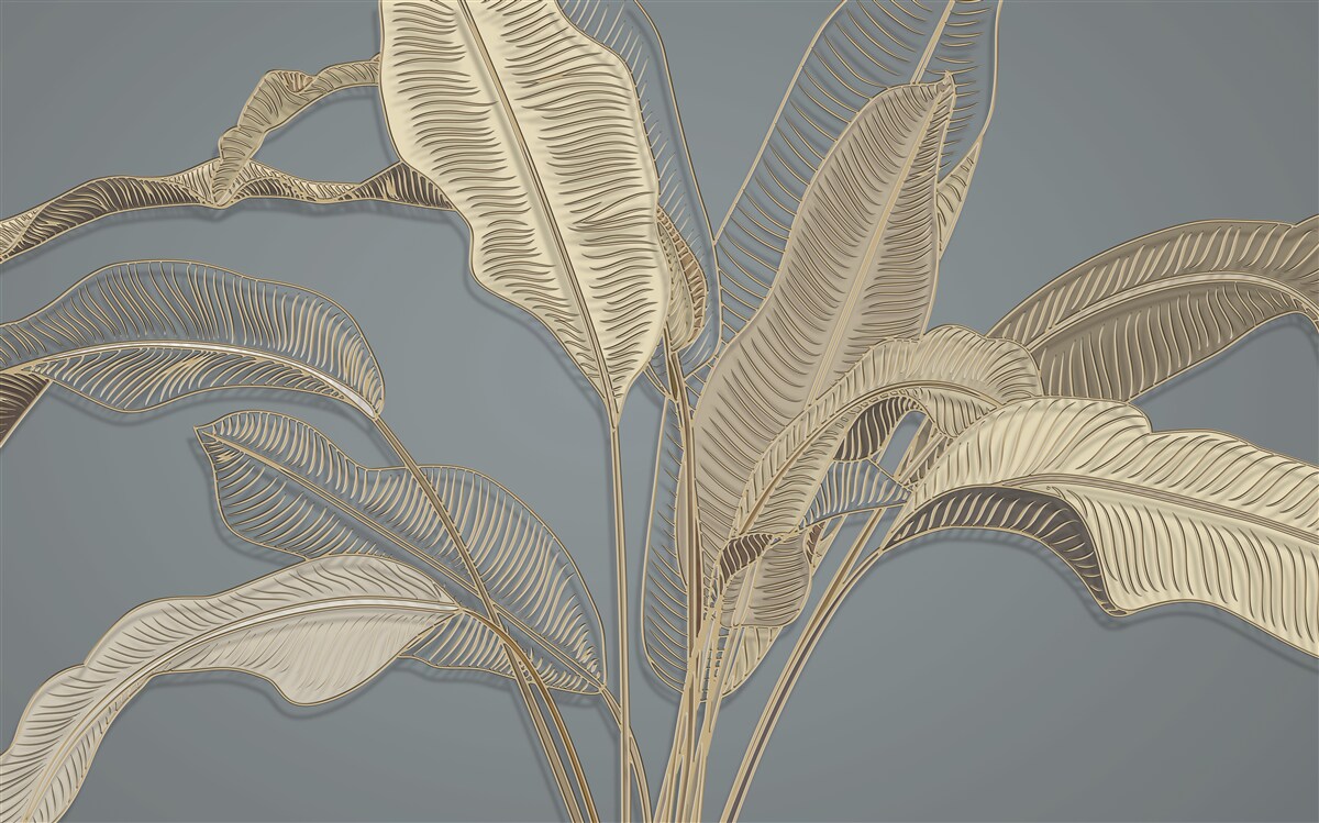 Fotobehang bladeren van gouden veren flikkeren helder tegen de donkere achtergrond