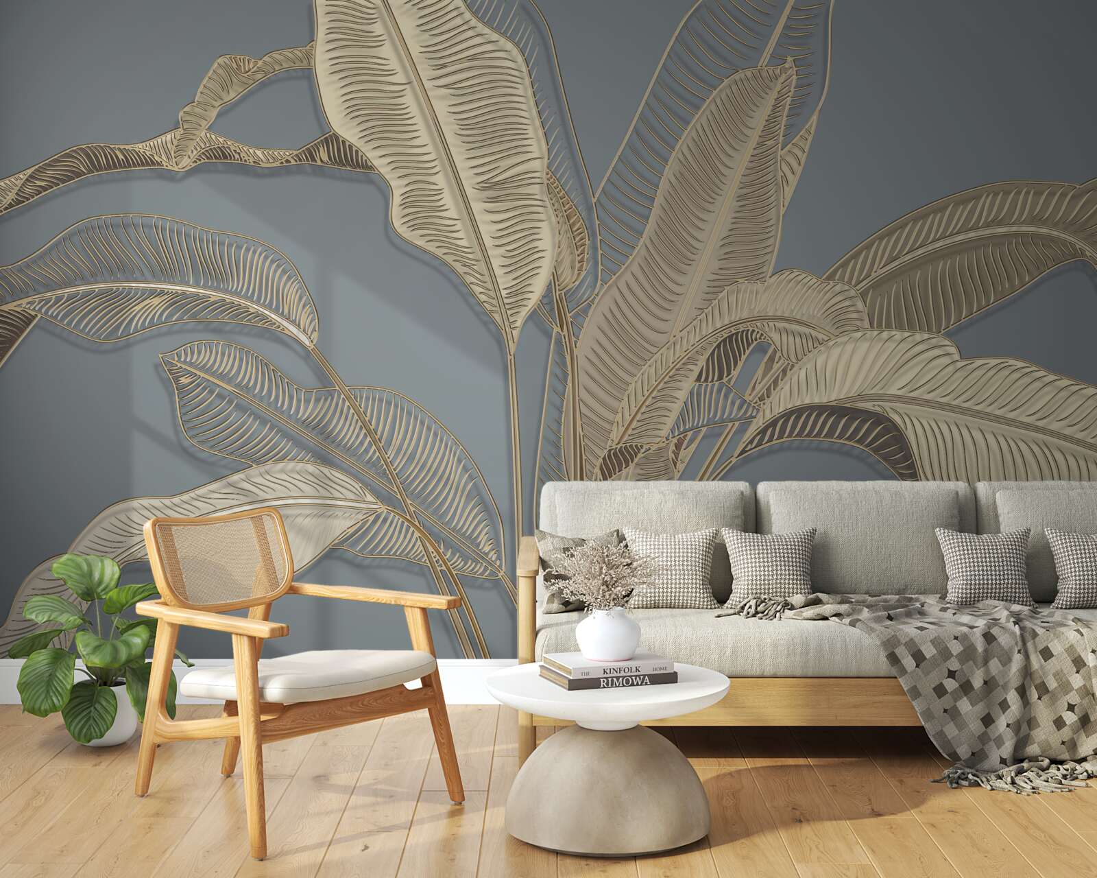 Fotobehang bladeren van gouden veren flikkeren helder tegen de donkere achtergrond