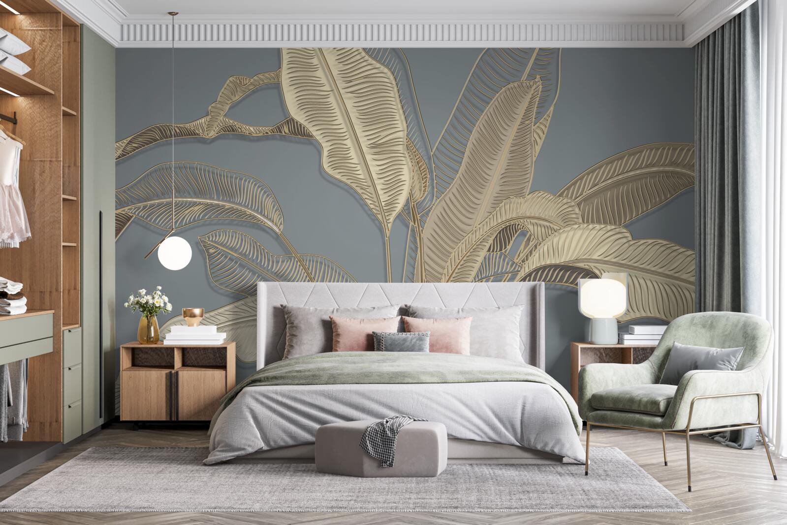 Fotobehang bladeren van gouden veren flikkeren helder tegen de donkere achtergrond