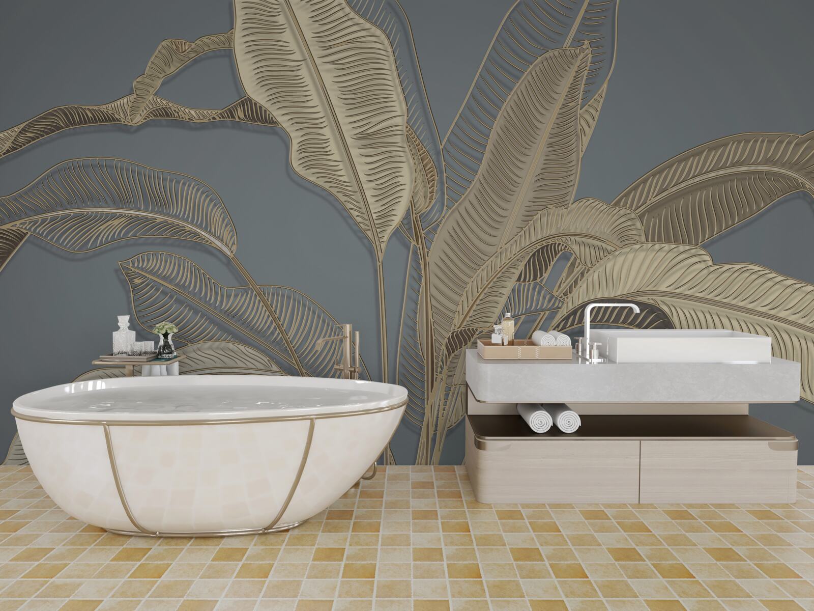 Fotobehang bladeren van gouden veren flikkeren helder tegen de donkere achtergrond