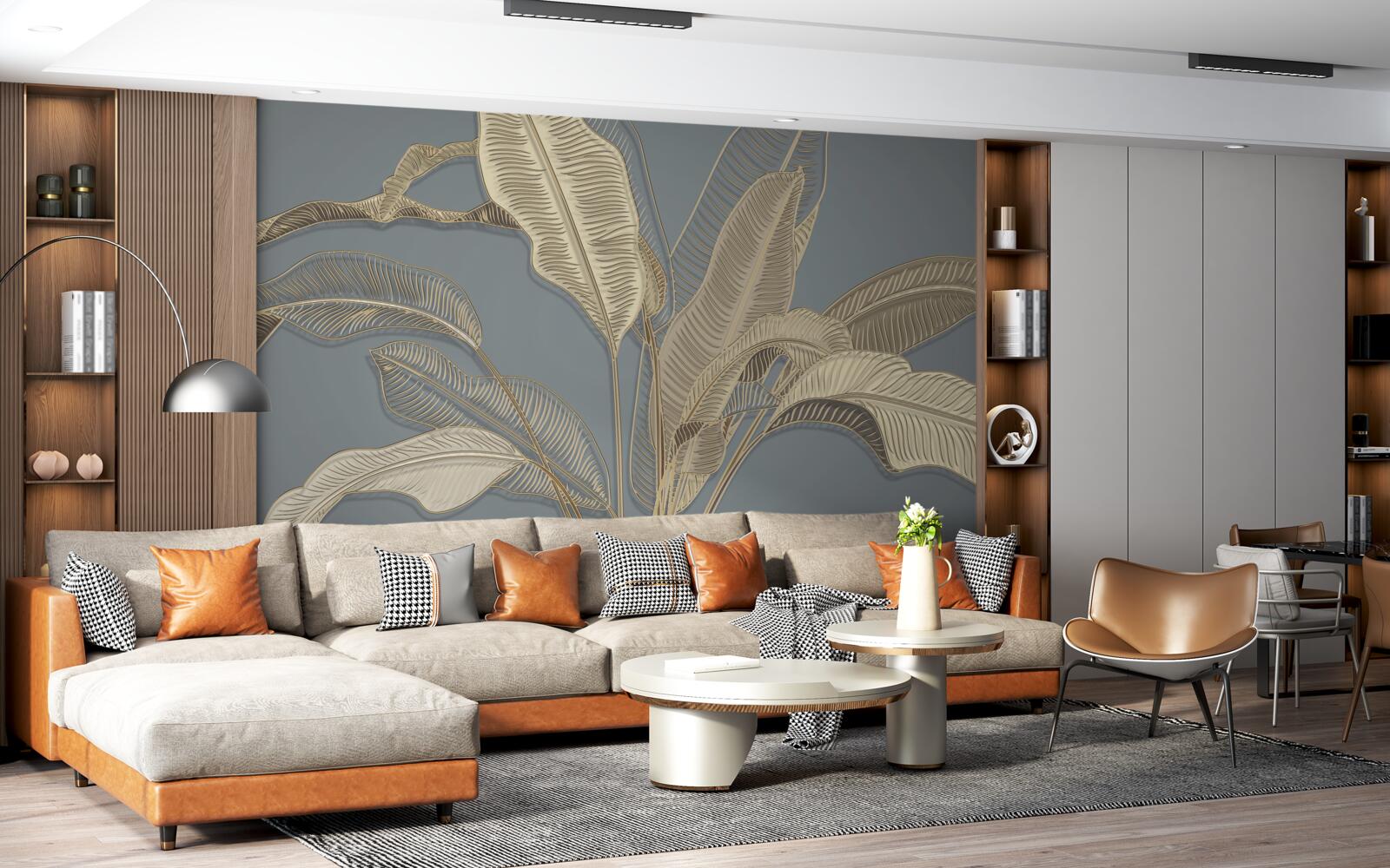 Fotobehang bladeren van gouden veren flikkeren helder tegen de donkere achtergrond