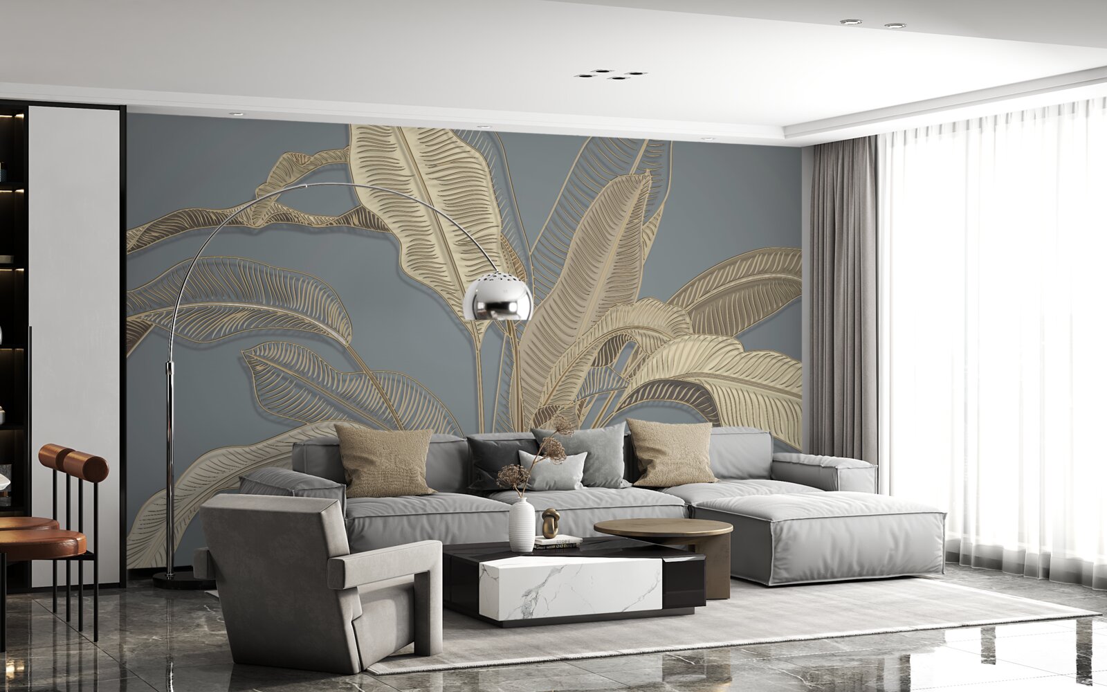 Fotobehang bladeren van gouden veren flikkeren helder tegen de donkere achtergrond