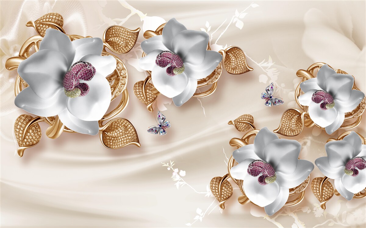 Fotobehang witte orchidee met gouden bladeren