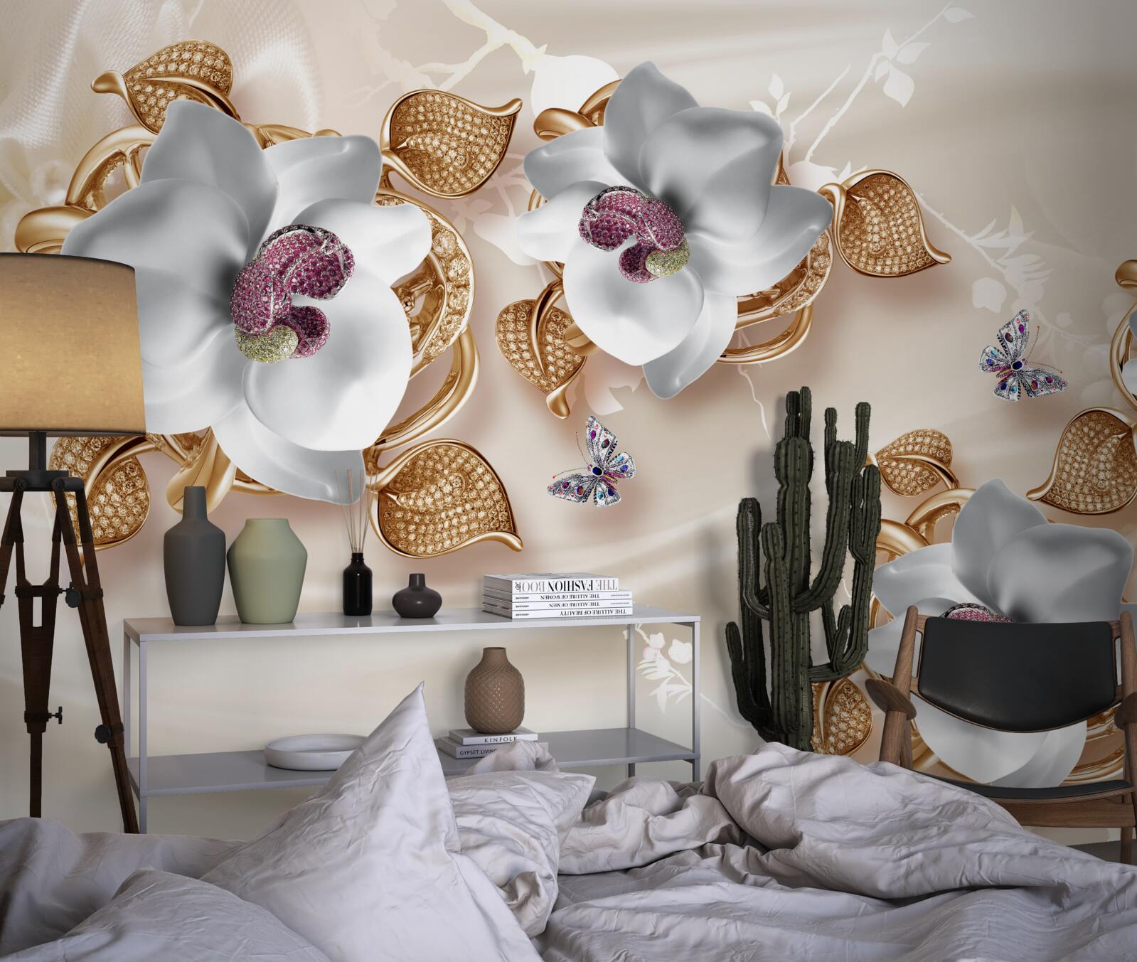 Fotobehang witte orchidee met gouden bladeren