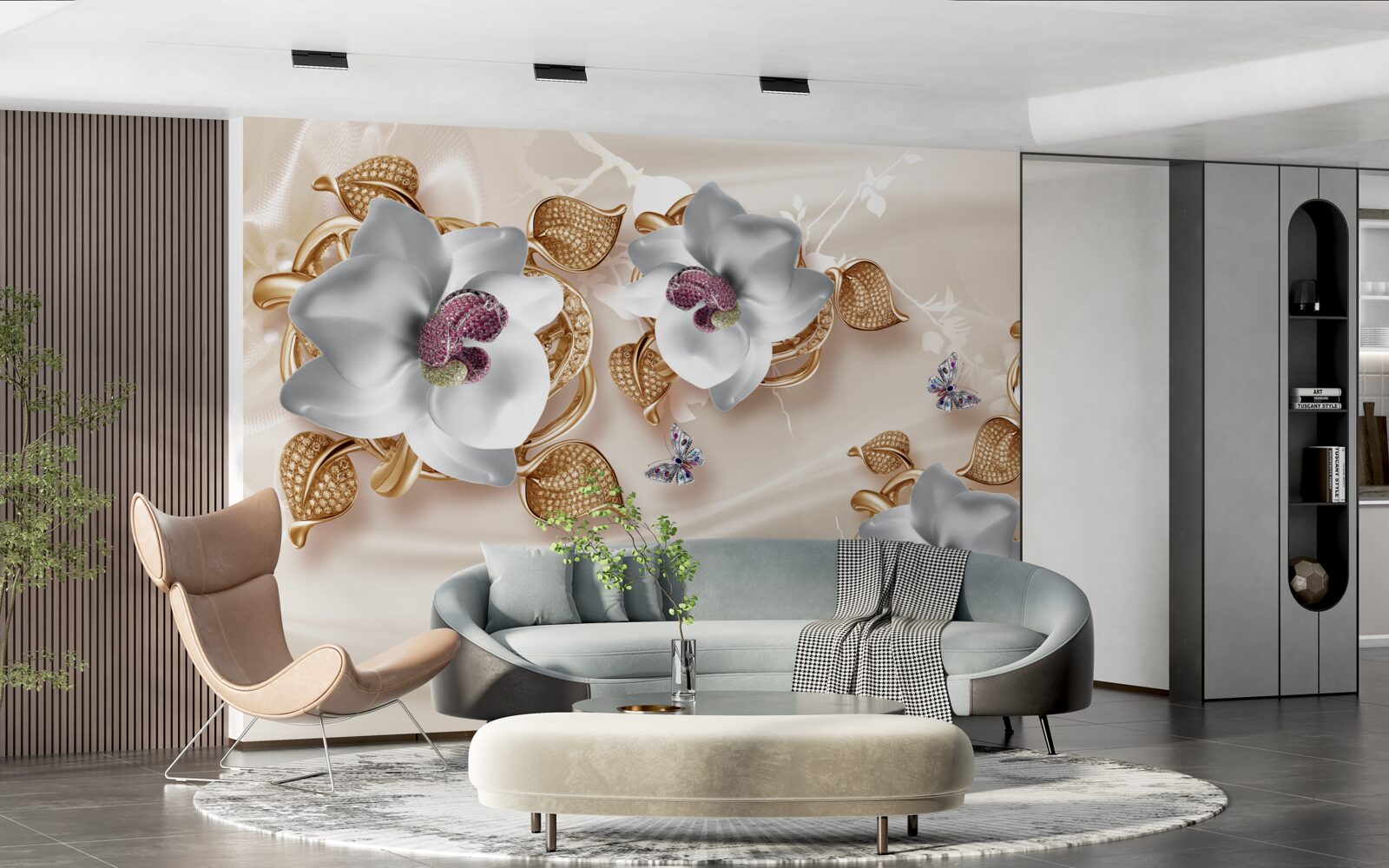 Fotobehang witte orchidee met gouden bladeren