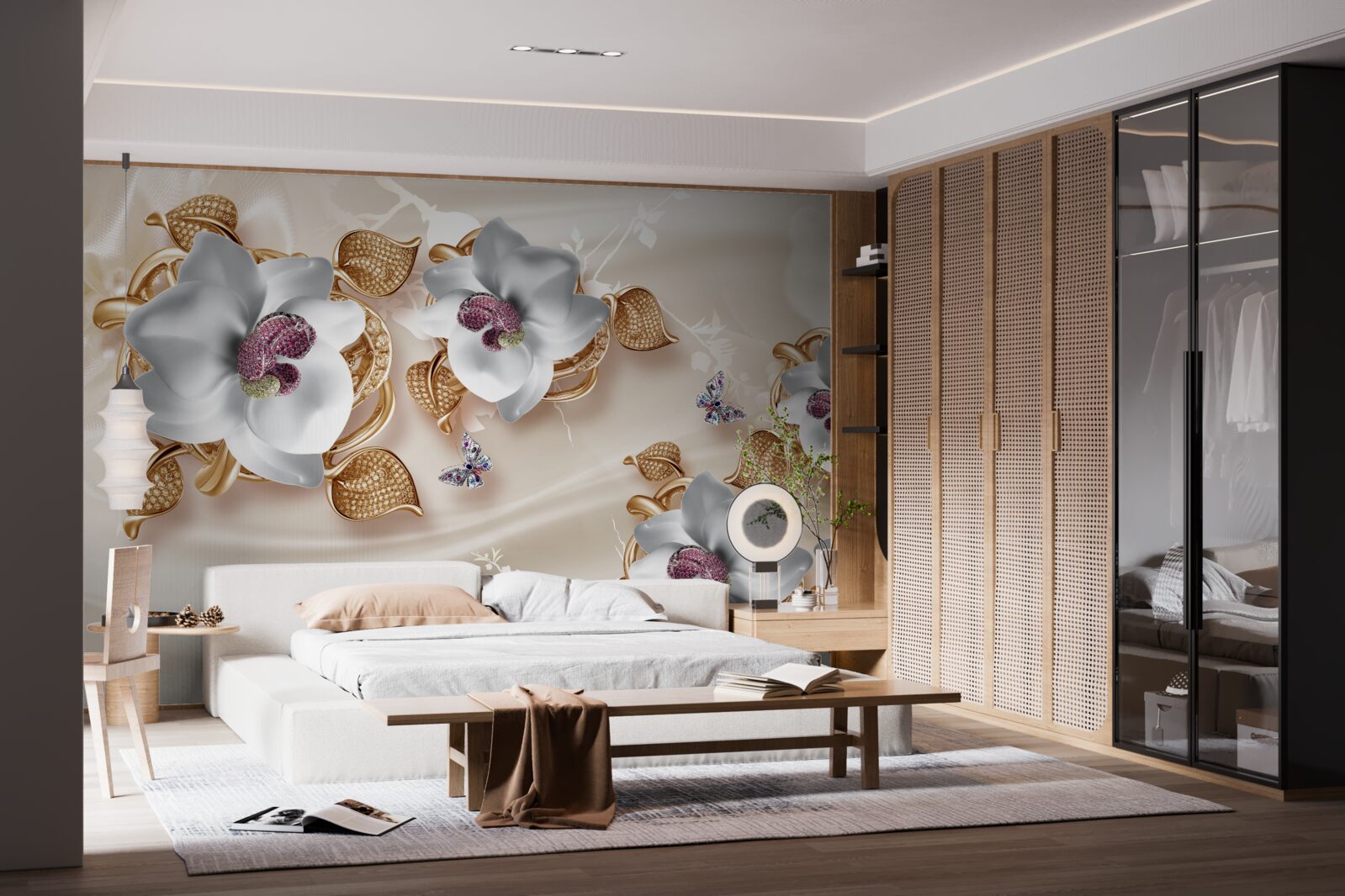 Fotobehang witte orchidee met gouden bladeren