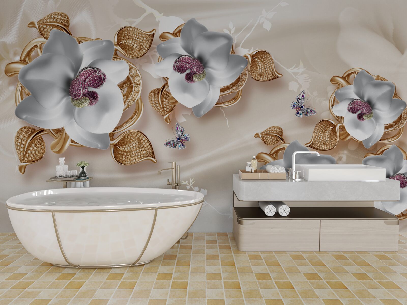 Fotobehang witte orchidee met gouden bladeren