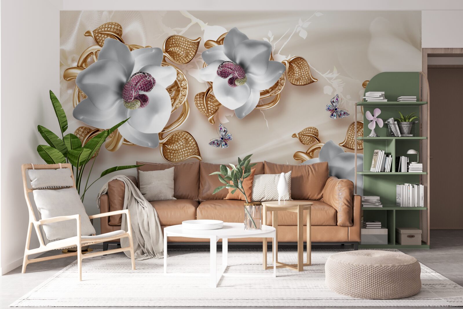 Fotobehang witte orchidee met gouden bladeren