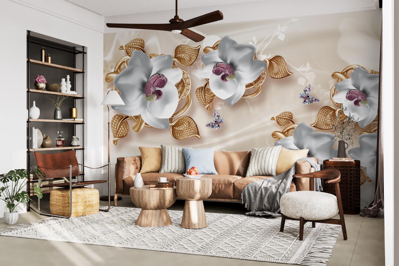 Fotobehang witte orchidee met gouden bladeren