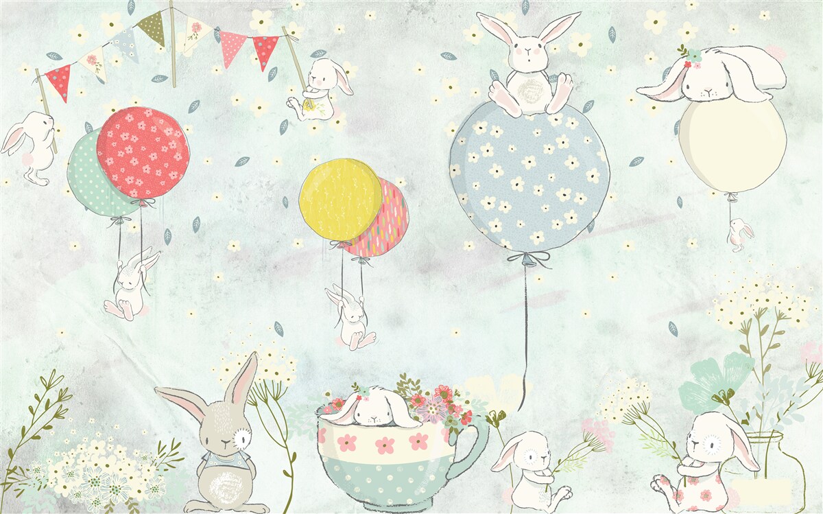 Fotobehang konijntjes in witte ballen