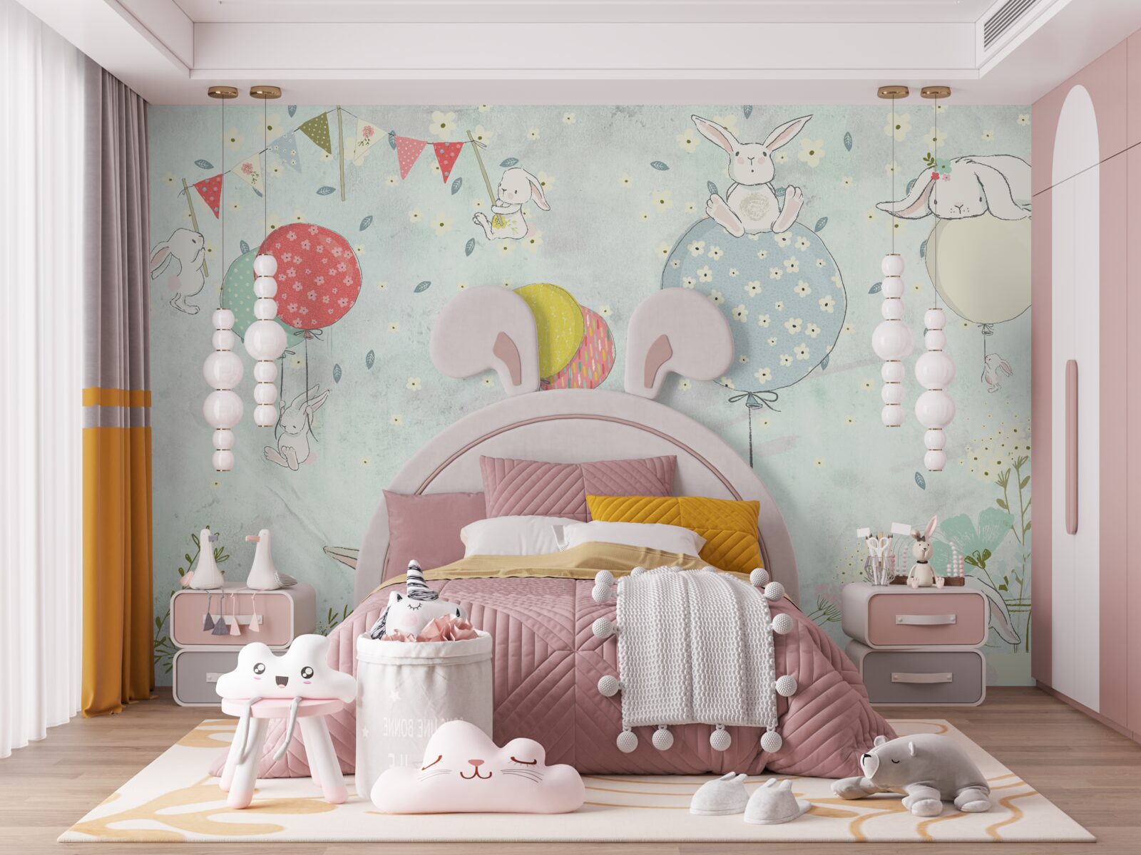 Fotobehang konijntjes in witte ballen