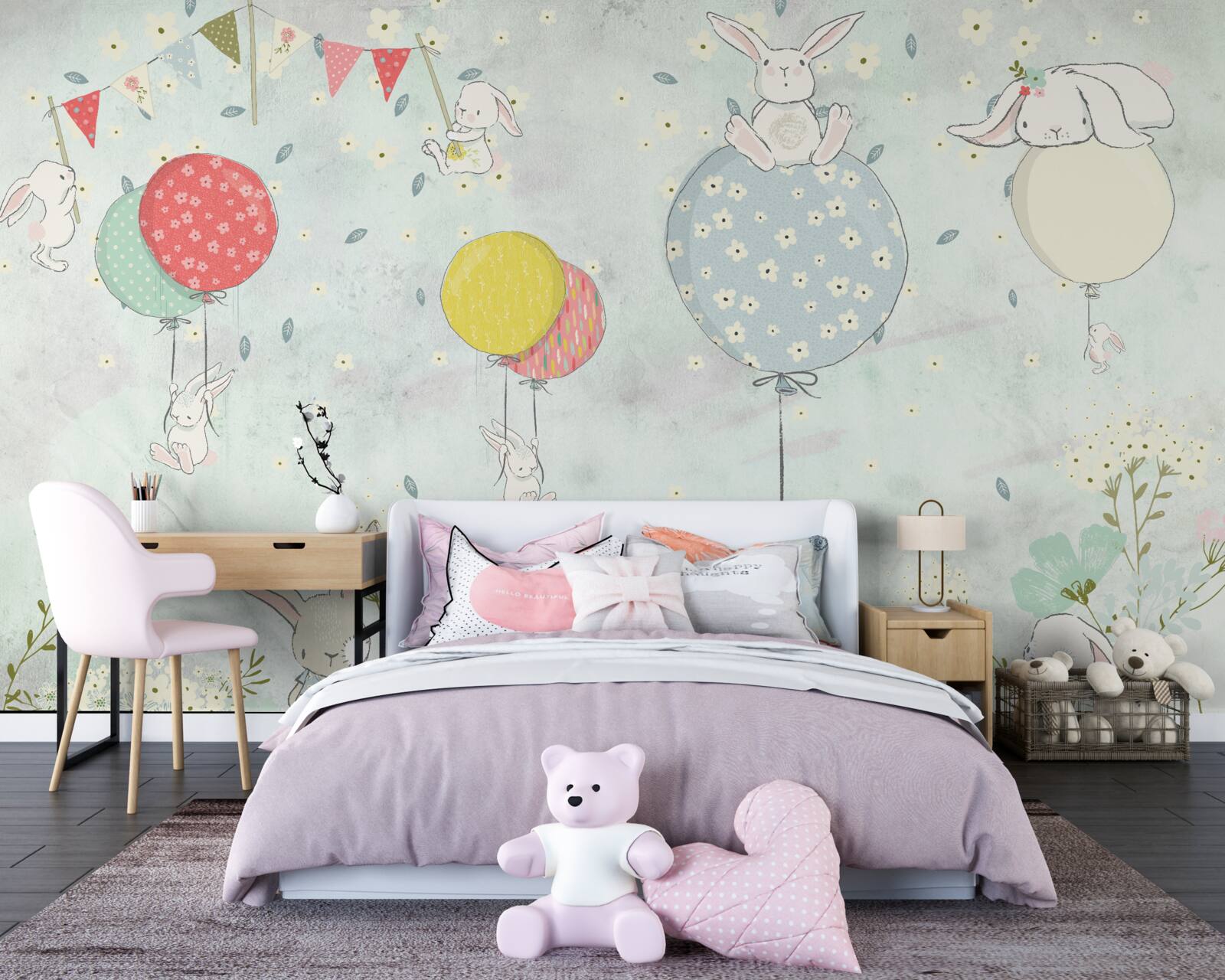 Fotobehang konijntjes in witte ballen