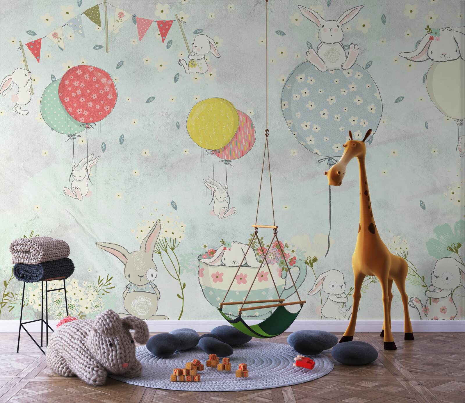 Fotobehang konijntjes in witte ballen