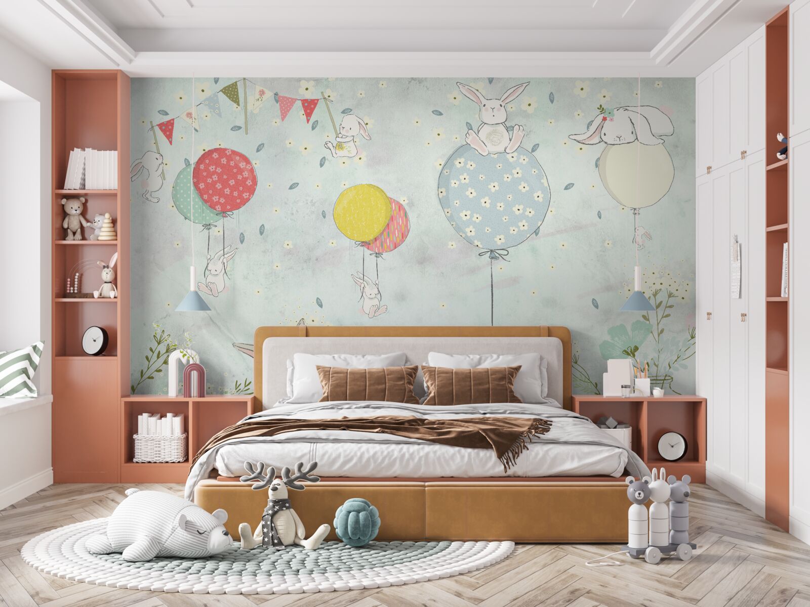 Fotobehang konijntjes in witte ballen