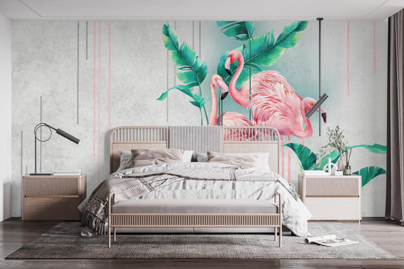 Fotobehang tropische roze flamingo's