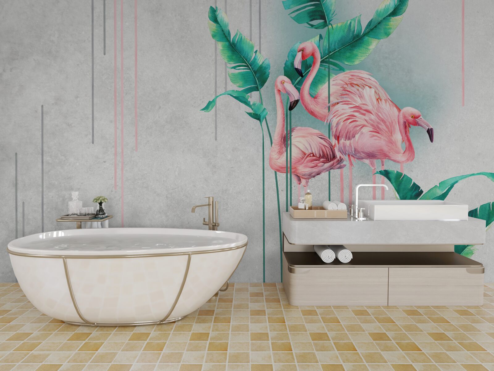 Fotobehang tropische roze flamingo's