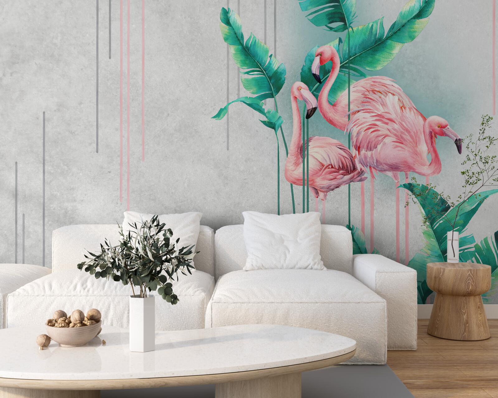Fotobehang tropische roze flamingo's