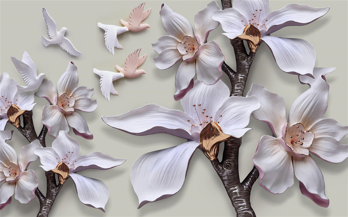 Fotobehang Sneeuwwitte bloemen en vogels