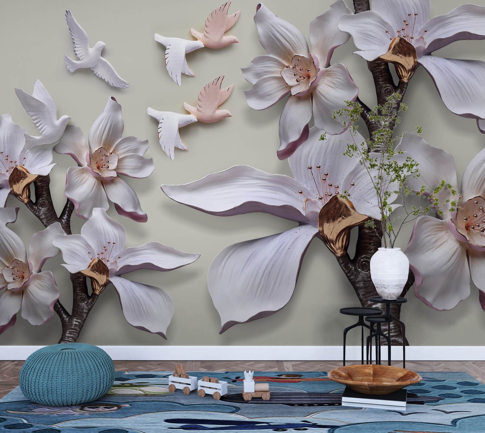 Fotobehang Sneeuwwitte bloemen en vogels