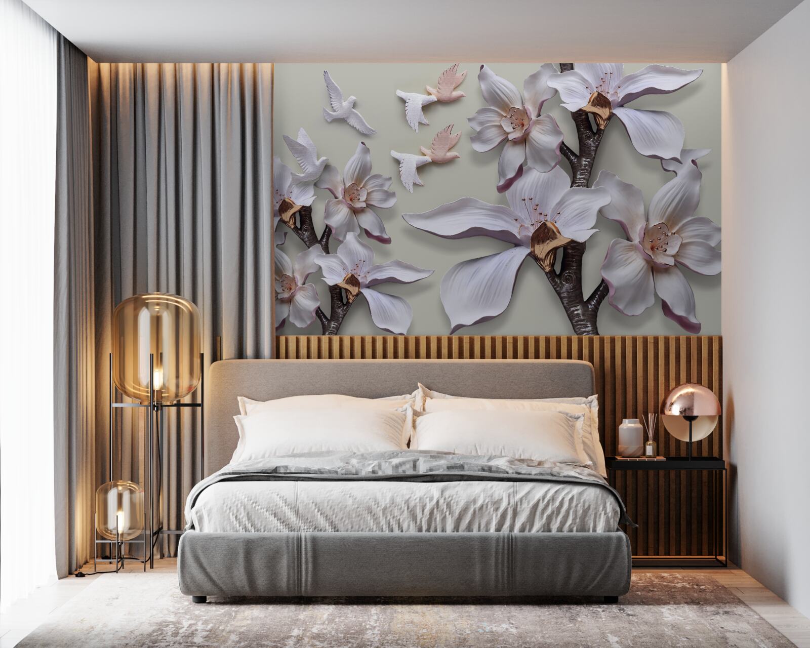 Fotobehang Sneeuwwitte bloemen en vogels