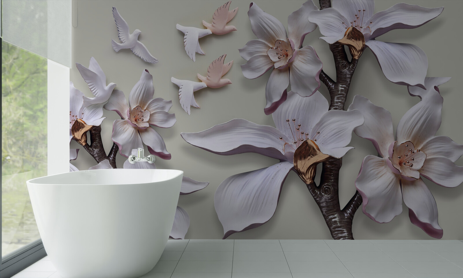 Fotobehang Sneeuwwitte bloemen en vogels