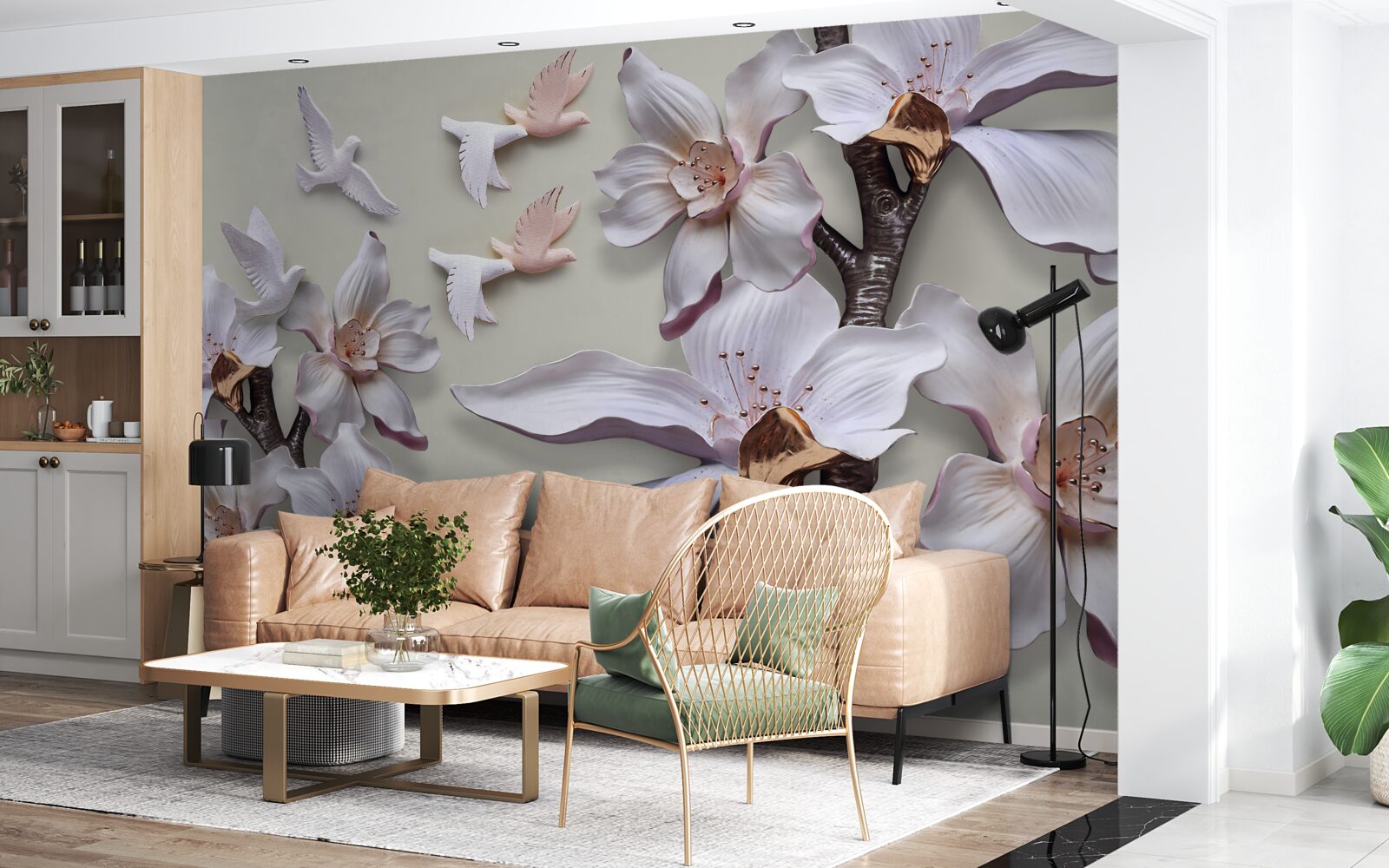 Fotobehang Sneeuwwitte bloemen en vogels