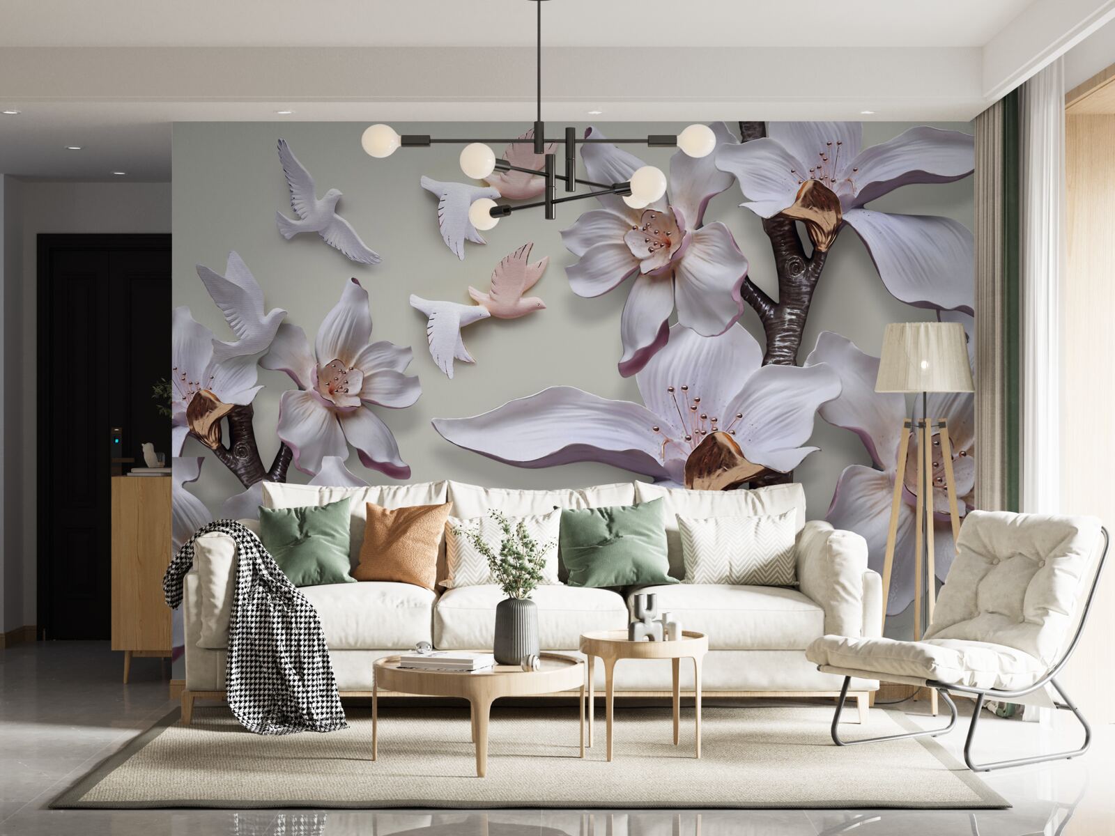 Fotobehang Sneeuwwitte bloemen en vogels