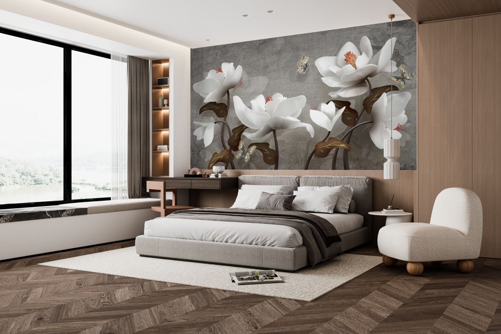 Fotobehang Mot vliegt over sneeuwwitte knoppen