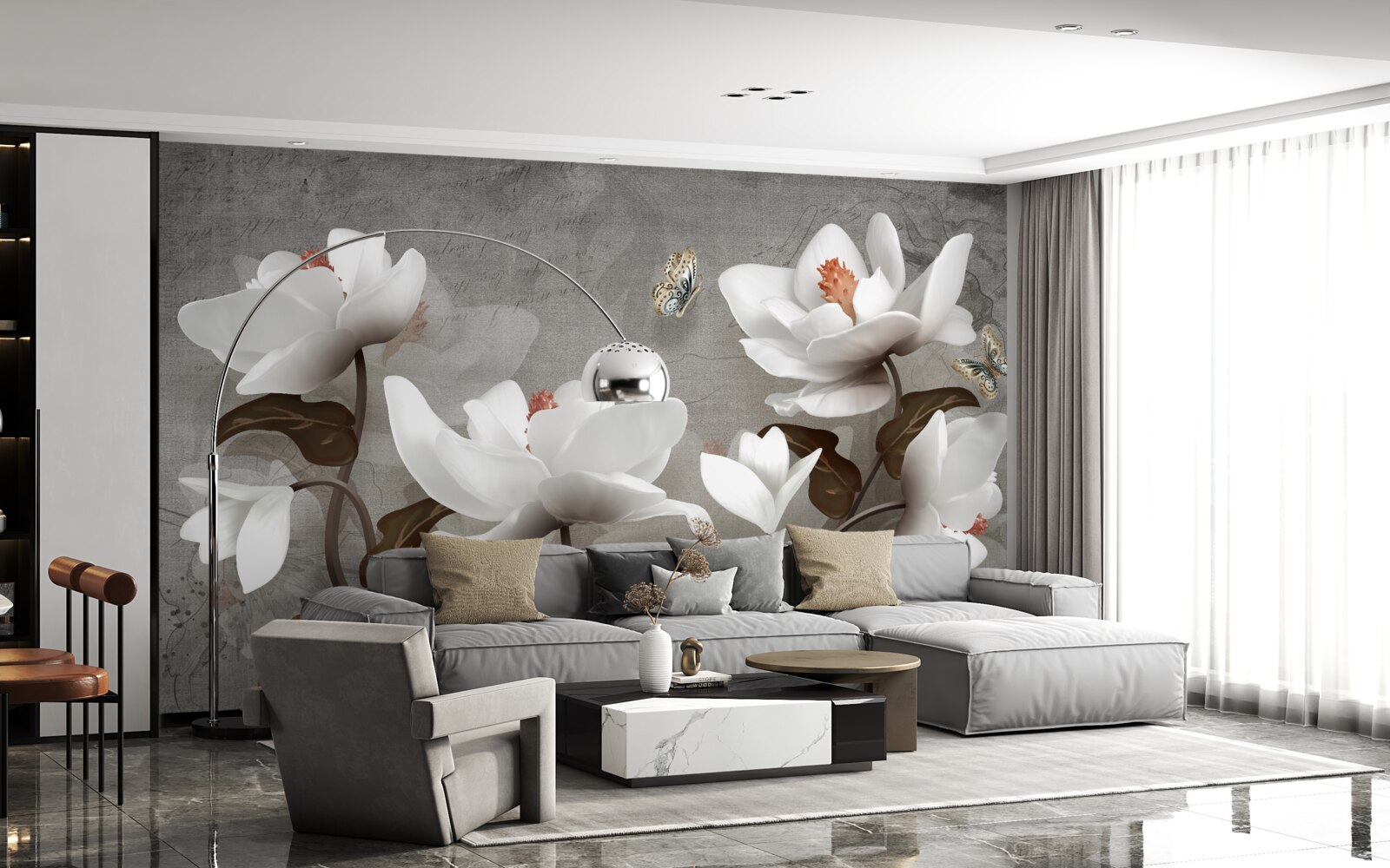 Fotobehang Mot vliegt over sneeuwwitte knoppen