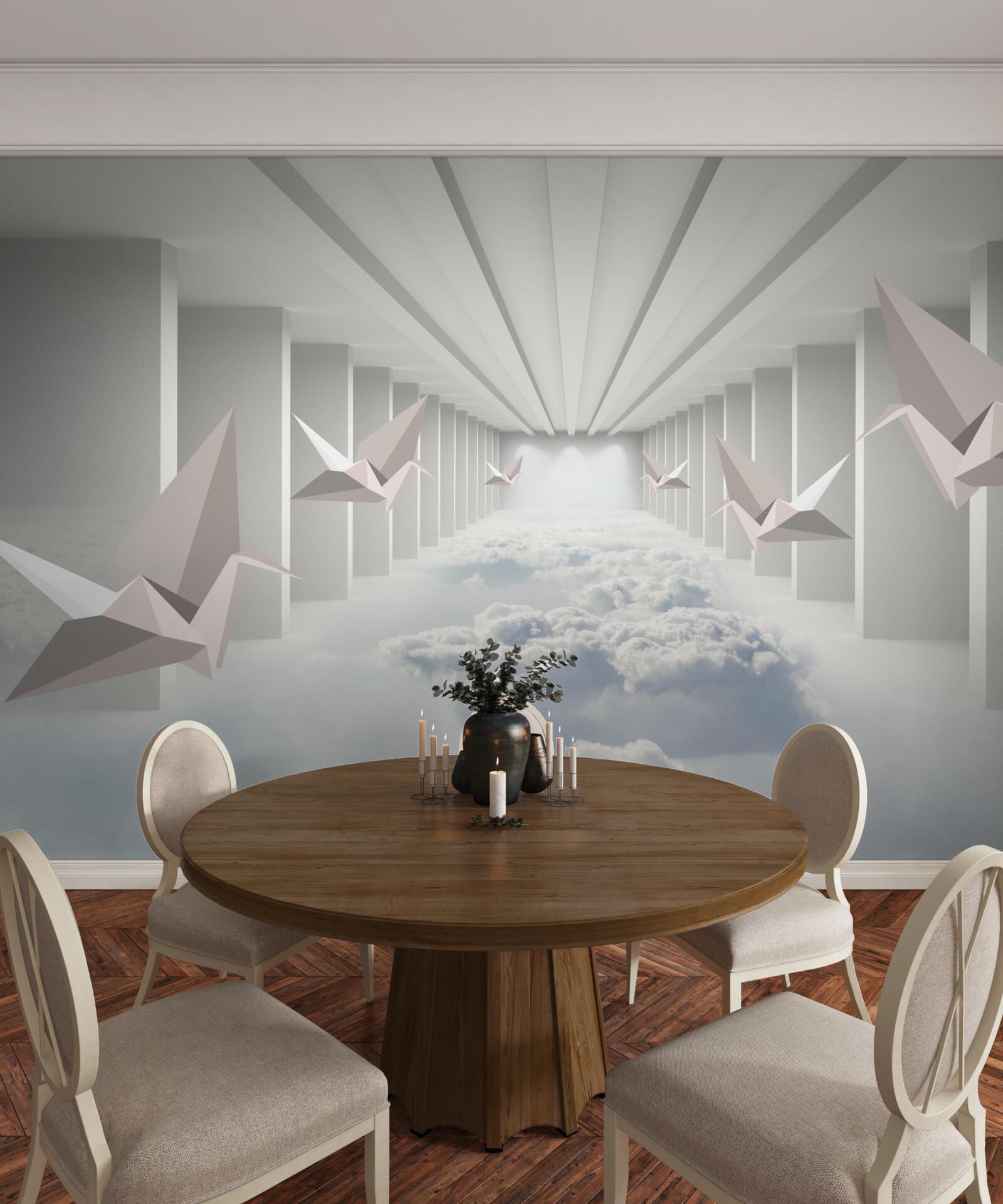 Fotobehang abstracte geometrie van vogels in de wolken