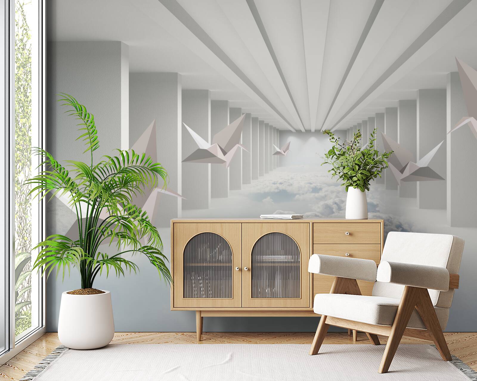 Fotobehang abstracte geometrie van vogels in de wolken