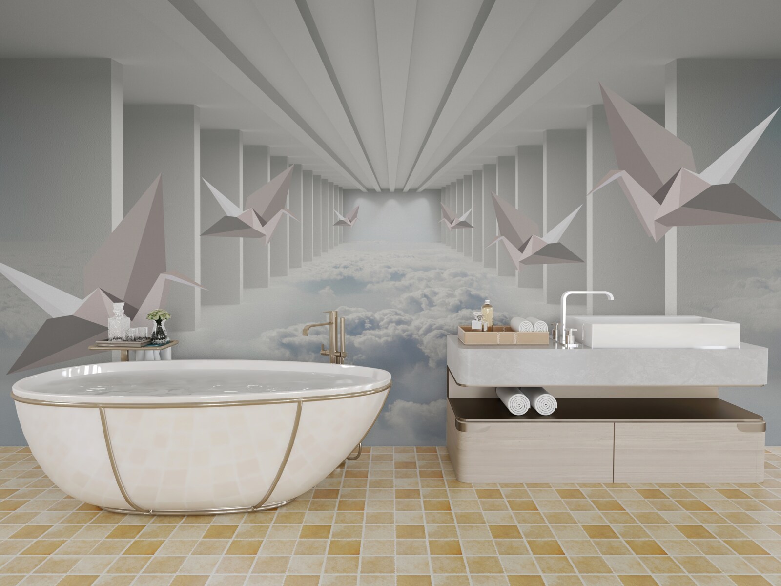 Fotobehang abstracte geometrie van vogels in de wolken