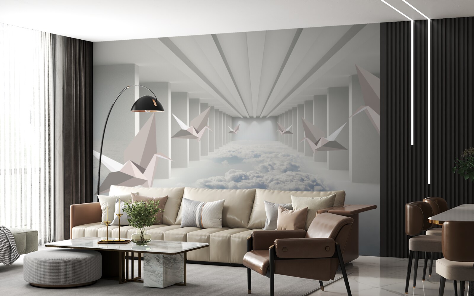 Fotobehang abstracte geometrie van vogels in de wolken