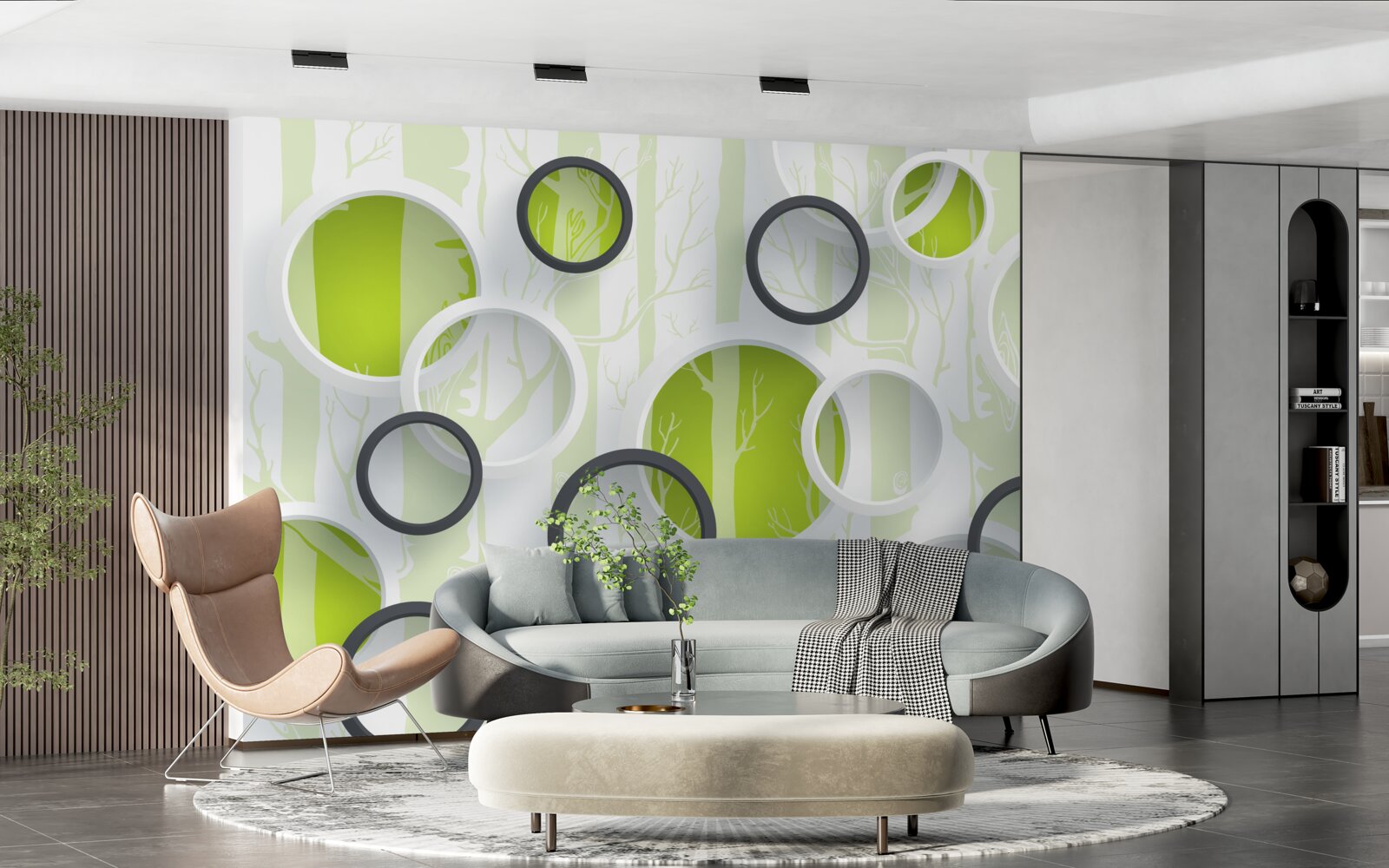 Fotobehang contourbeelden van bomen in zwart-witte cirkels